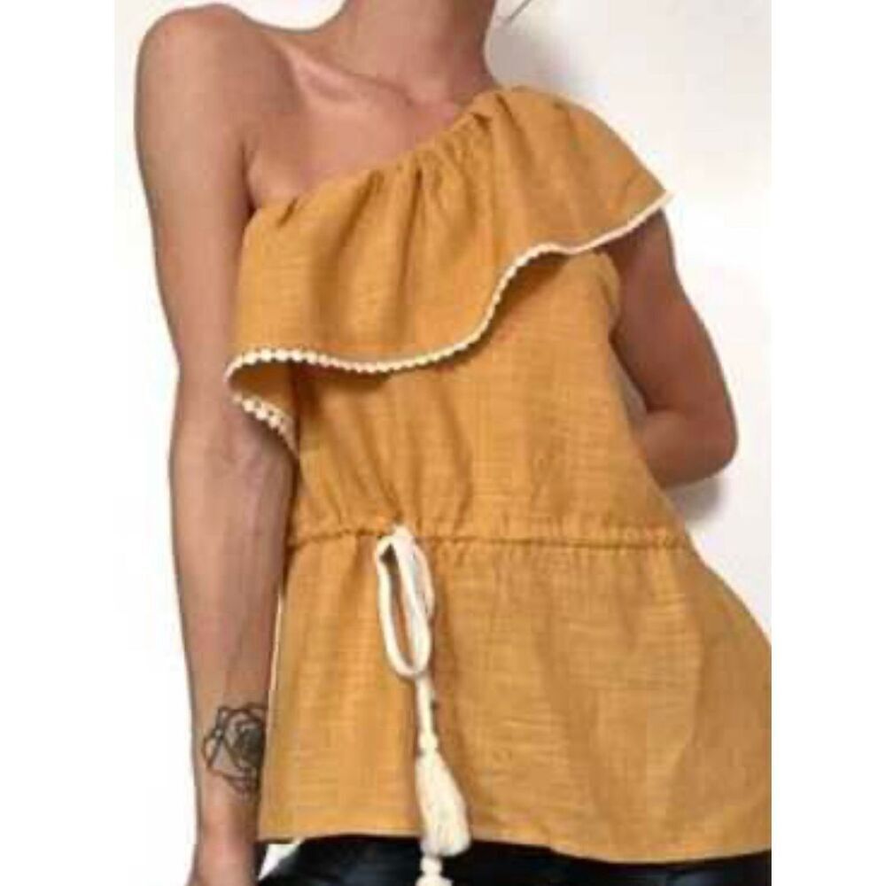 🌸 ZARA Yellow and White Boho Style One Shoulder Tassel Top Size Medium